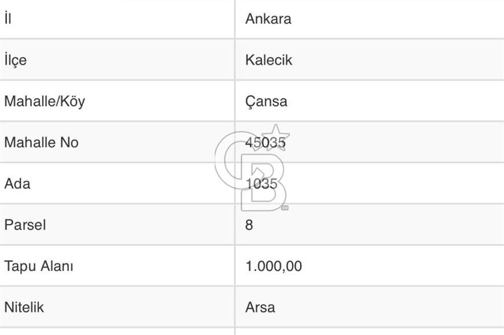 ANKARA KALECİK ÇANSA MAH. SATILIK 1000M2 İMARLI ARSA 