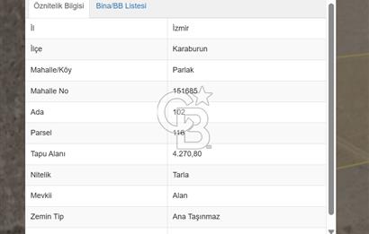 SATILIK TARLA – KARABURUN PARLAK MAHALLESİ'NDE SATILIK TARLA