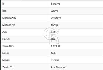 SAKARYA GEYVE UMURBEY KÖYÜNDE 1.871 M2 SATILIK MEYVE BAHÇESİ