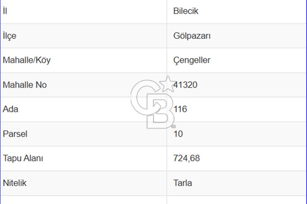 BİLECİK GÖLPAZARI ÇENGELLER KÖYÜ'NDE MÜSTAKİL TAPU 725 M² TARLA