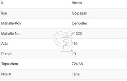 BİLECİK GÖLPAZARI ÇENGELLER KÖYÜ'NDE MÜSTAKİL TAPU 725 M² TARLA