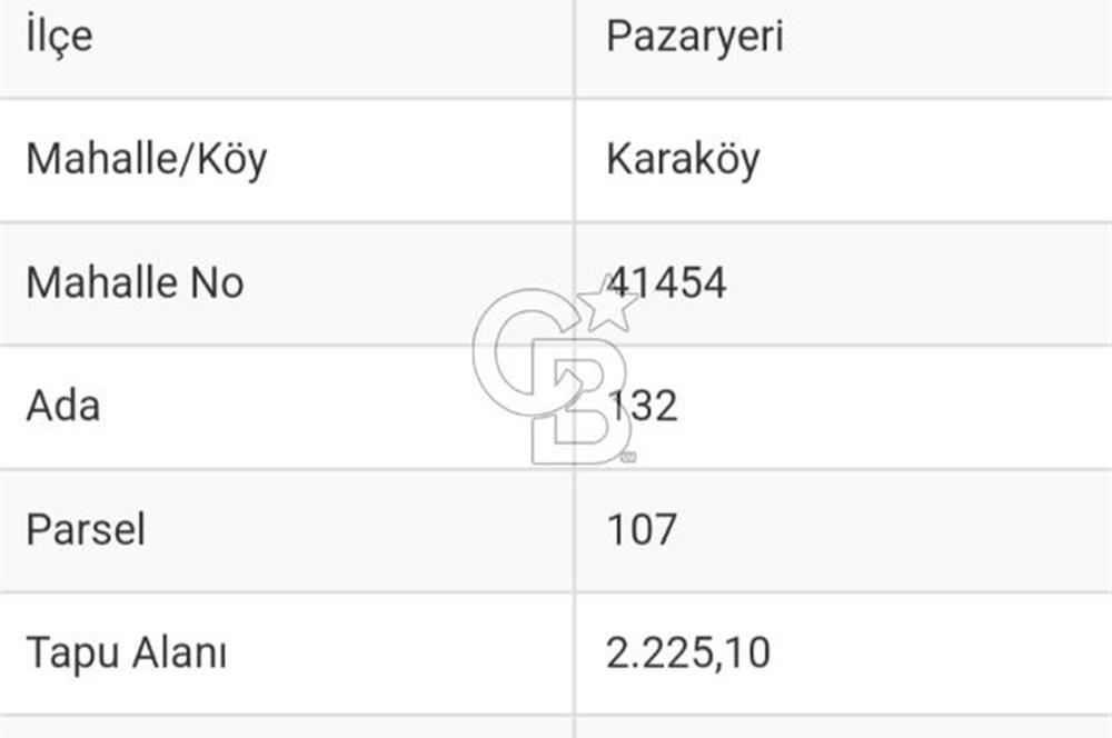 CB CITY'DEN BİLECİK PAZARYERİ'NDE 2225 M² SATILIK TARLA