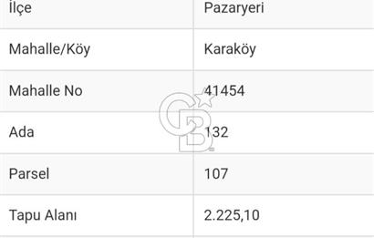 CB CITY'DEN BİLECİK PAZARYERİ'NDE 2225 M² SATILIK TARLA