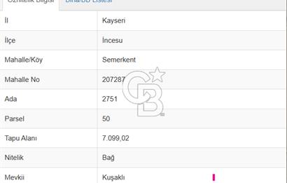 CB Zenith I İNCESU SEMERKENT'TE TEK TAPU 7.099 M2 SATILIK YOL KENARI BAĞ