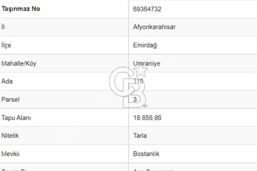 EMİRDAĞ ÜMRANİYE'DE 18 DÖNÜM SATILIK TARLA