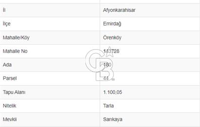 EMİRDAĞ ÖRENKÖY'DE SATILIK 1100 m² TARLA