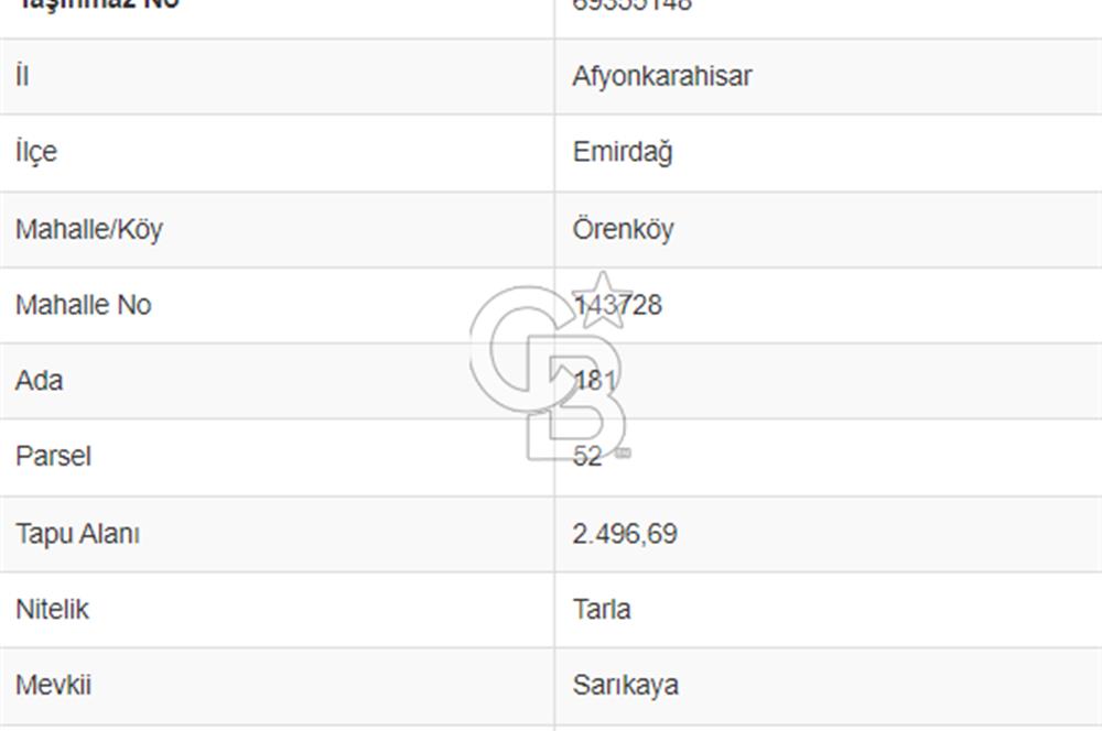 EMİRDAĞ ÖRENKÖY'DE SATILIK 2496 m² TARLA