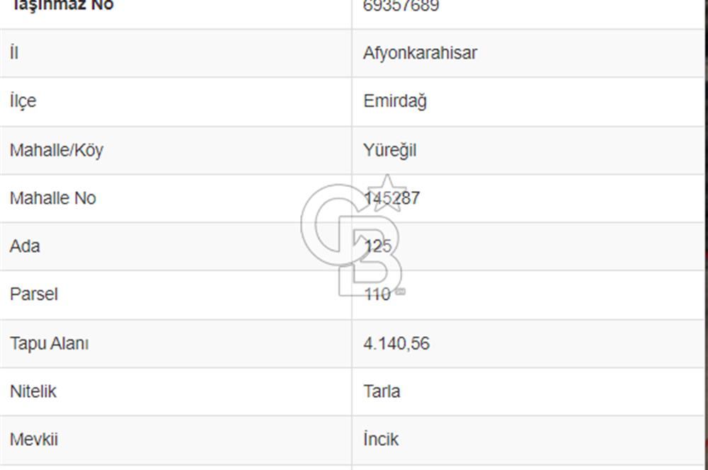 EMİRDAĞ YÜREĞİL'DE 4140 m² SATILIK ARSA