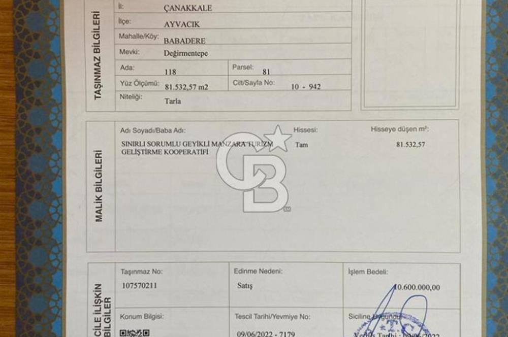 ÇANAKKALE AYVACIK'TA KOOPERATİF HİSSESİ - İMAR SÜRECİNDE -YATIRIM FIRSATI