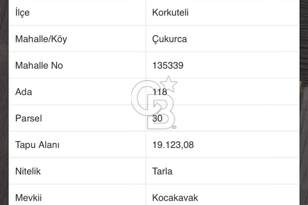 KORKUTELİ ÇUKURCA'DA TEK TAPU 19123 M2