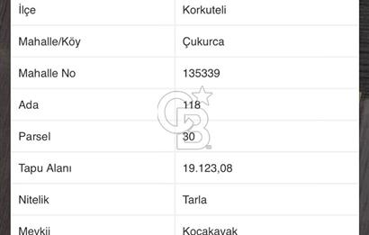 KORKUTELİ ÇUKURCA'DA TEK TAPU 19123 M2