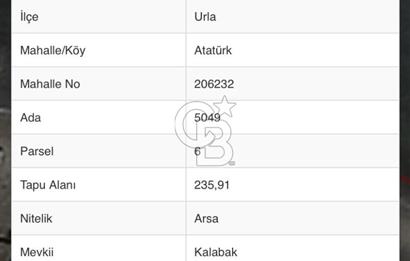 Urla Atatürk Mah.'de Satılık 236 M2 Tercihli Turizm İmarlı Arsa