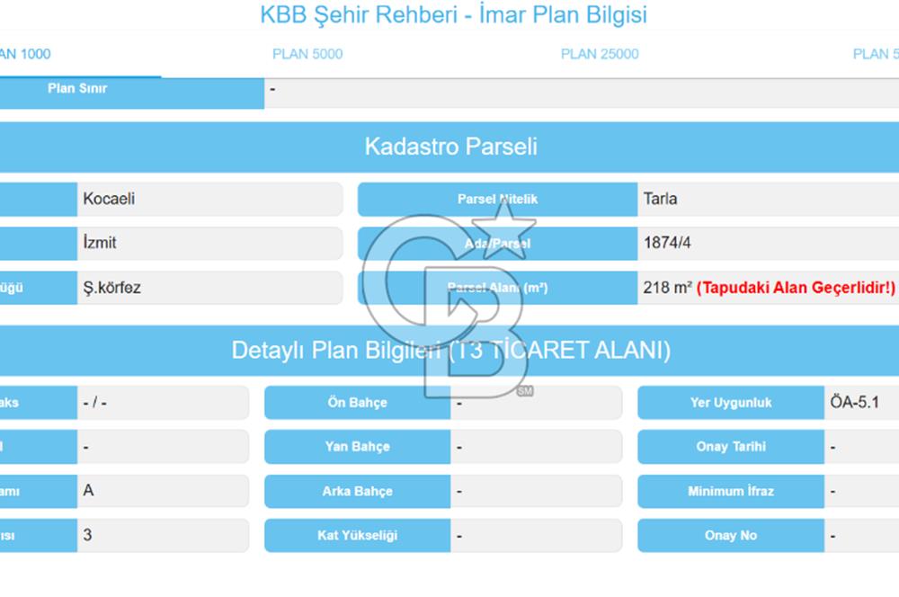 CB TOWER İZMİT MERKEZ'DE T3 TİCARİ İMARLI 218 M² SATILIK ARSA