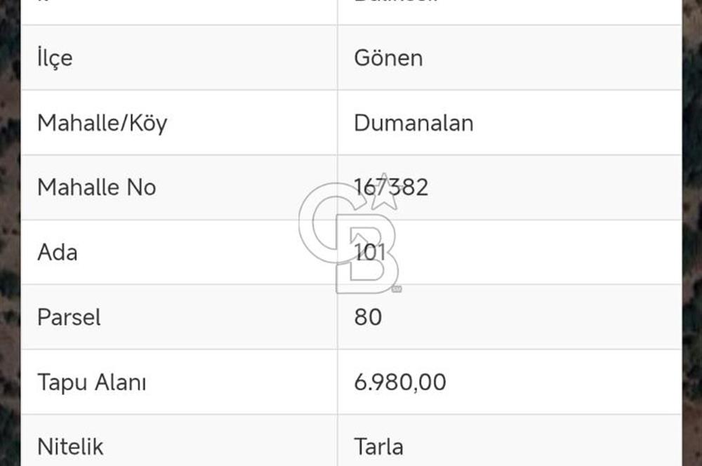 GÖNEN DUMANALAN MAHALLESİ 6980 M2 SATILIK ARAZİ