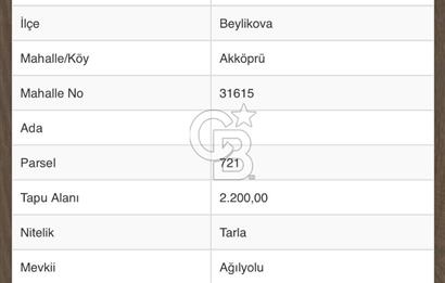 CB CITY'DEN ESKİŞEHİR BEYLİKOVA AKKÖPRÜ MH. SATILIK TARLA