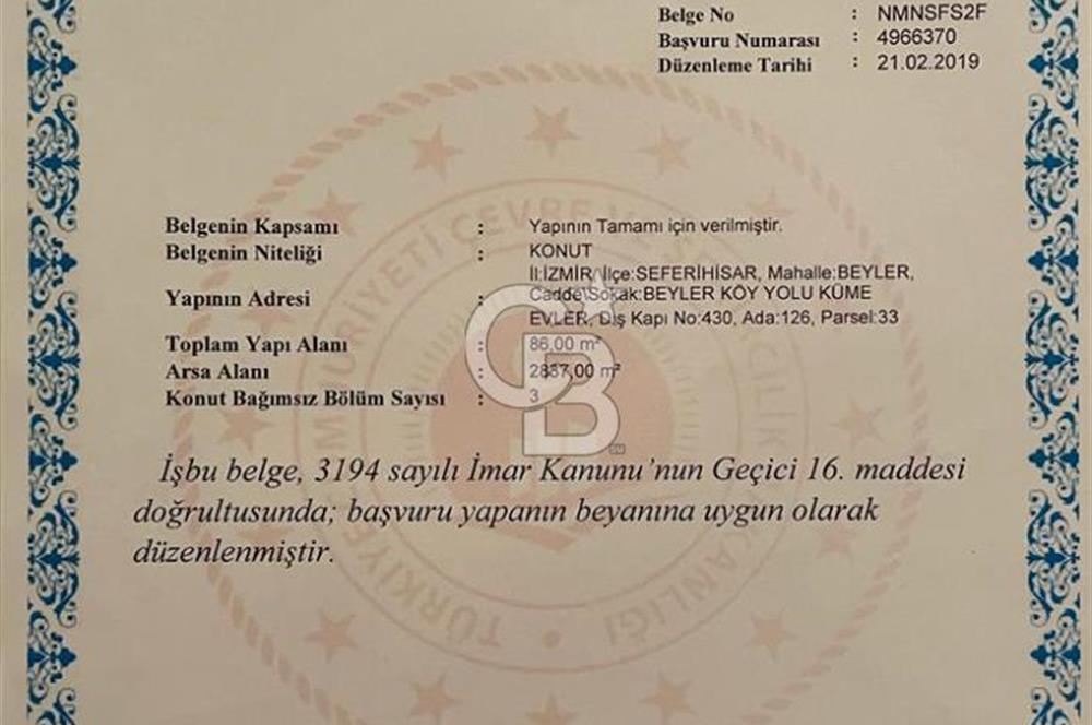 Beyler Baraj Manzaralı 2837 m2 Satılık Bağ ve Kayıtlı Evi
