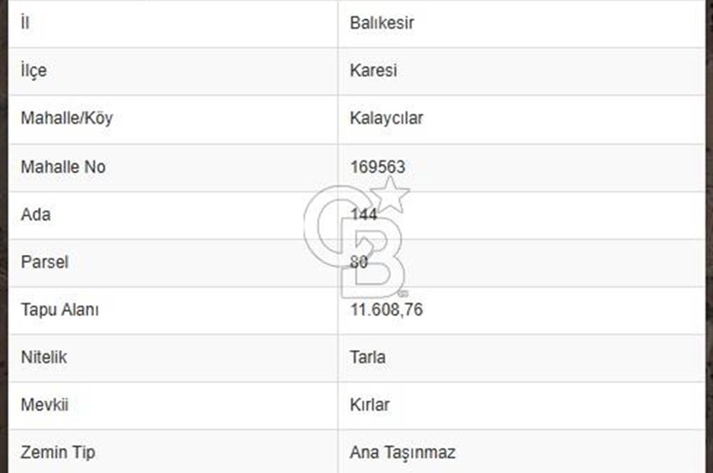 BALIKESİR KARESİ KALAYCILAR'DA SATILIK TARLA..! 11.609 m2