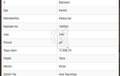 BALIKESİR KARESİ KALAYCILAR'DA SATILIK TARLA..! 11.609 m2
