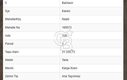BALIKESİR KARESİ NAİPLİ'DE YOLA CEPHE, EMSALSİZ TARLA! 21.330 m2