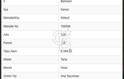 BALIKESİR KARESİ KÖTEYLİ'DE SATILIK TARLA..! 6.344 m2