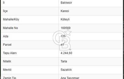 BALIKESİR KARESİ KÖTEYLİ'DE SATILIK TARLA...! 14.901 m2