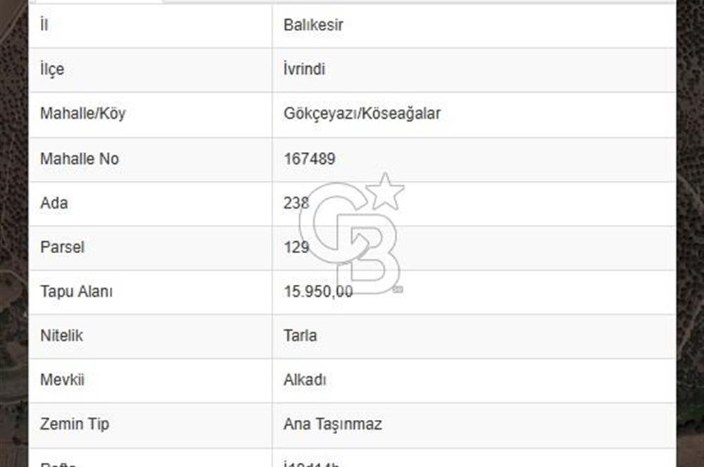 BALIKESİR İVRİNDİ GÖKÇEYAZI'DA HARİKA LOKASYONDA TARLA! 15.950m2