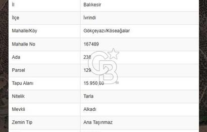 BALIKESİR İVRİNDİ GÖKÇEYAZI'DA HARİKA LOKASYONDA TARLA! 15.950m2