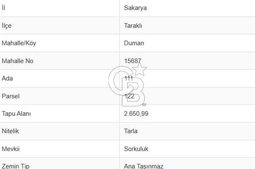 CB TOWER SAKARYA TARAKLIDA SATILIK 2.650 M² TARLA