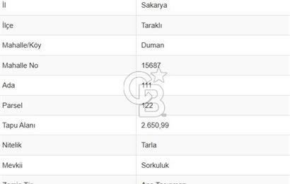 CB TOWER SAKARYA TARAKLIDA SATILIK 2.650 M² TARLA