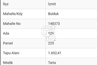 Kocaeli İzmit Bulduk Mahallesinde 1.602 m2 Satılık Tarla