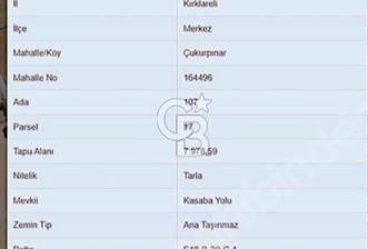 KIRKLARELİ MERKEZ ÇUKURPINAR SATILIK 997 M2 ARSA