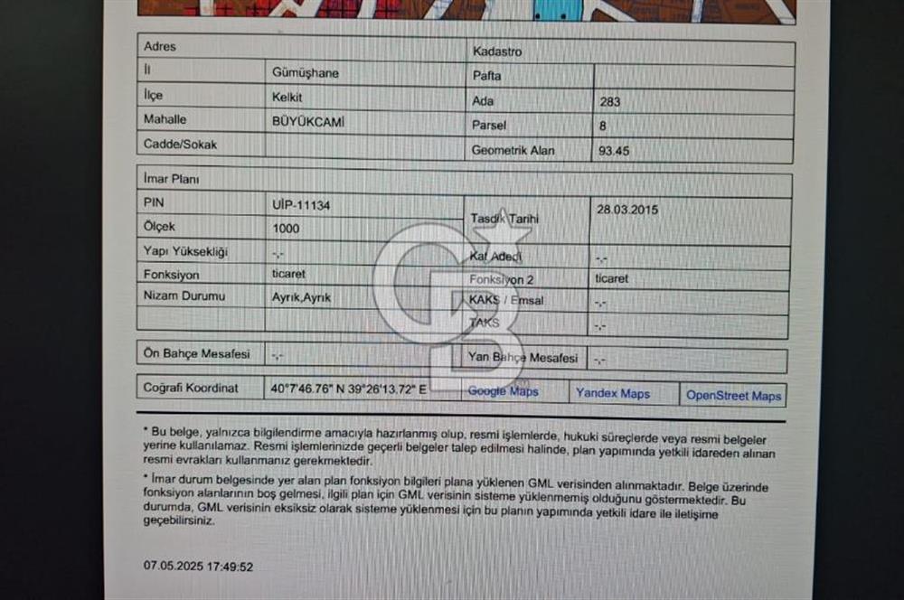 GÜMÜŞHANE KELKİT MERKEZ'DE TAM TİCARİ TEK TAPU YATIRIMLIK