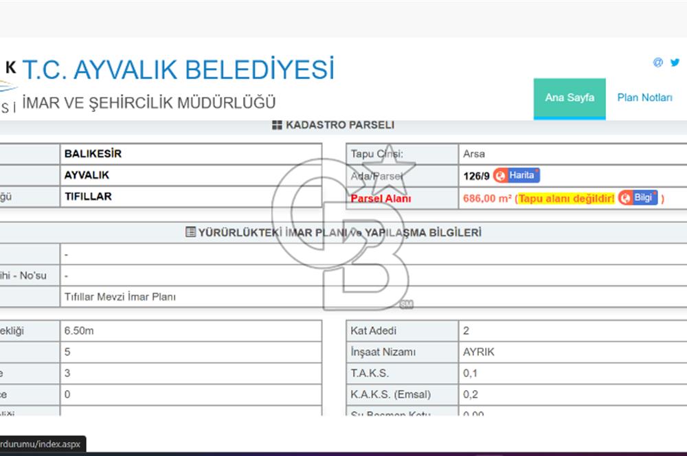 BALIKESİR AYVALIK TIFILLARDA MARLO OTEL ALTINDA SATILIK ARSA