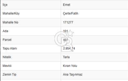 KÜTAHYA EMET FATİH\ÇERTE KÖY YAKINI SATILIK TARLA