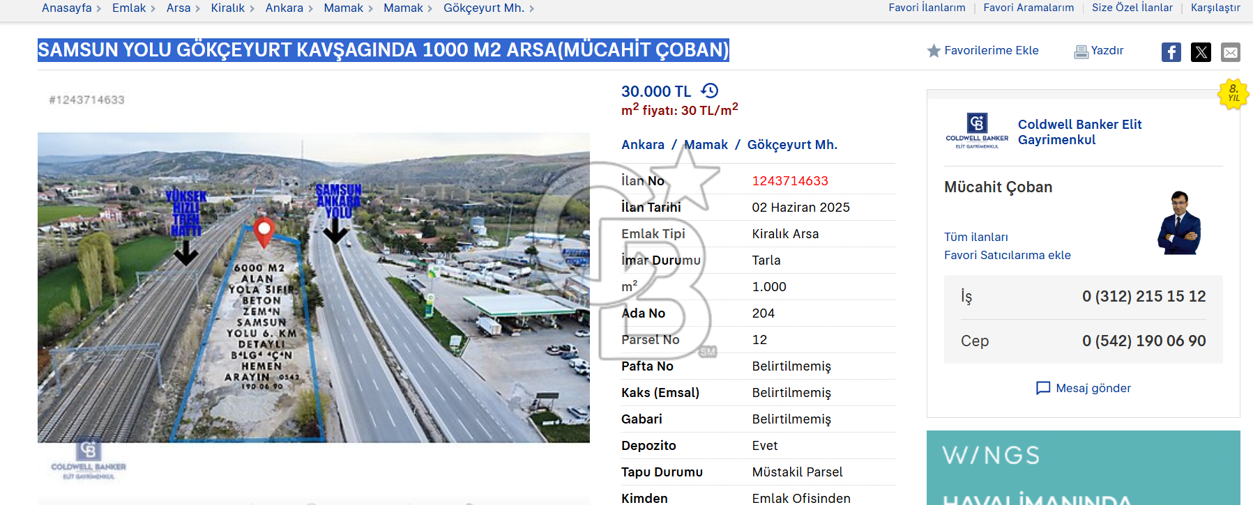 SAMSUN YOLU GÖKÇEYURT KAVŞAGINDA 1000 M2 ARSA(MÜCAHİT ÇOBAN)