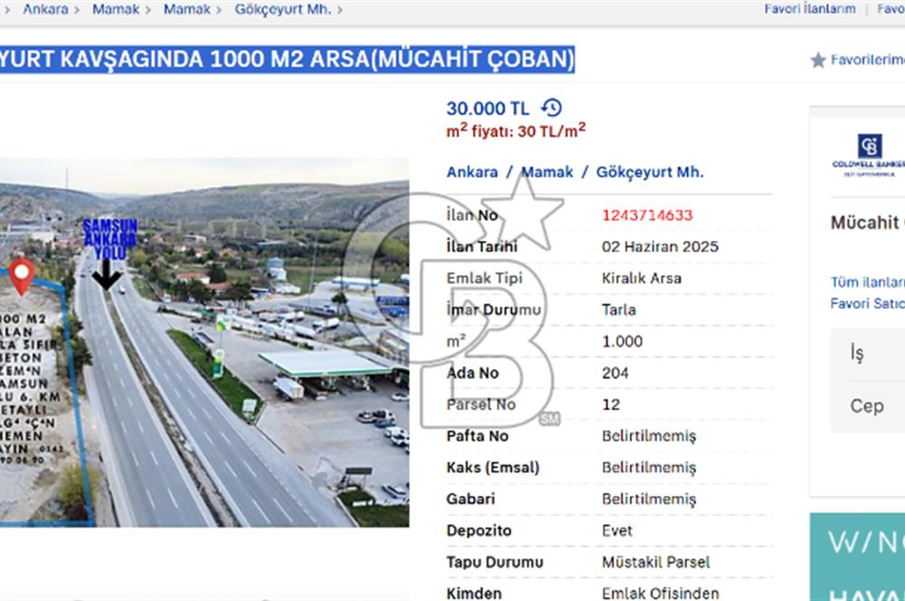 SAMSUN YOLU GÖKÇEYURT KAVŞAGINDA 1000 M2 ARSA(MÜCAHİT ÇOBAN)