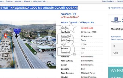 SAMSUN YOLU GÖKÇEYURT KAVŞAGINDA 1000 M2 ARSA(MÜCAHİT ÇOBAN)