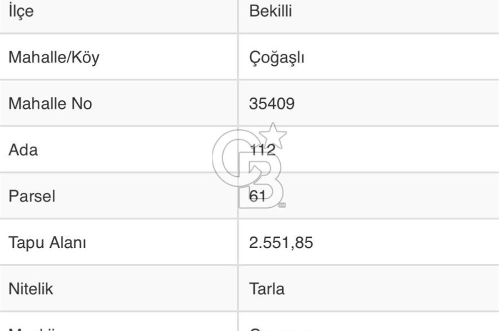 Denizli Bekilli Çoğaşlı Mh. Satılık 2.551 m2 Tarla 