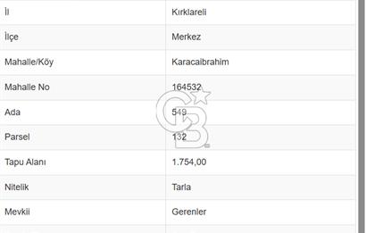 Kırklareli Merkez Karacaibrahim'de Satılık Tarla 