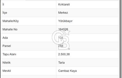 Kırklareli Merkez Yörükbayır Köyünde Satılık Tarla 
