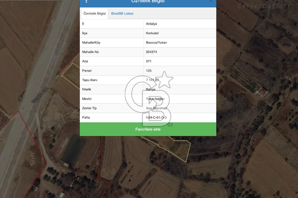 Korkueli Bozovada Resmi Yola Cephe 7.151 m² Satılık Bahçe Arazi