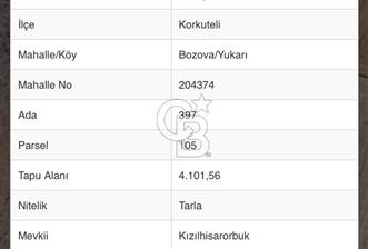  Antalya Korkuteli Bozova Mahallesinde Yatırımlık Arazi