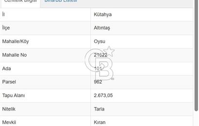 Kütahya/Altıntaş/Oysu Mahallesinde Ormana Sınır 2673 M2 Tarla