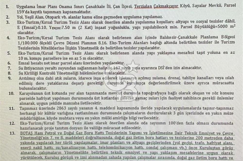ÇANAKKALE ÇAN TERZİALAN'DA EKOTURİZM İMARLI SATILIK ARSA
