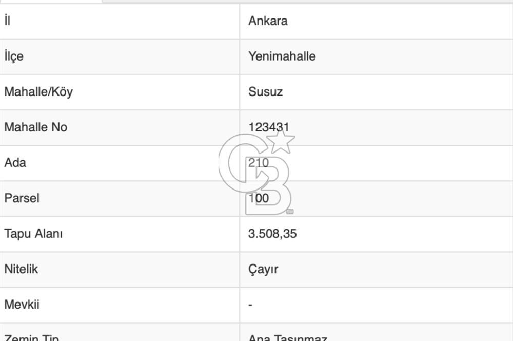 ANKARA YENİMAHALLE SUSUZ'DA SATILIK TARLA 