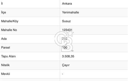 ANKARA YENİMAHALLE SUSUZ'DA SATILIK TARLA 