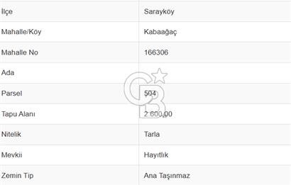 Sarayköy Kabaağaç Mah. 2.600 M² Satılık Tarla