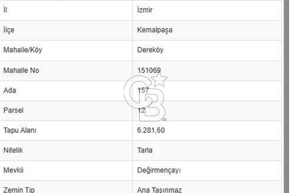 KEMALPASA DEREKÖY'DE 6281 M2 SATILIK TARLA 