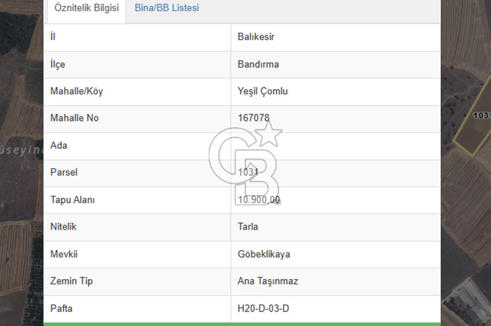BANDIRMA/YEŞİL ÇOMLU MAHALLESİNDE MERAYA DAYALI SATILIK TARLA