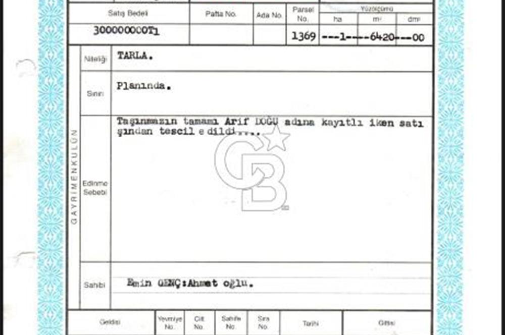BEYNAMDA SATILIK 16.527 M2 TEK TAPU FIRSAT TARLA